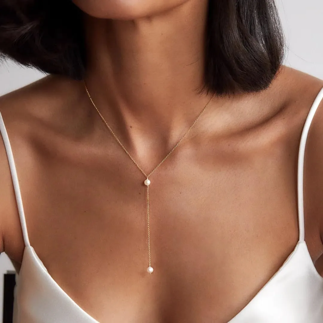 14K Gold or White Gold Plated Pearl Necklace for Women - Dainty Y-Necklace Choker 16.5 Inch
