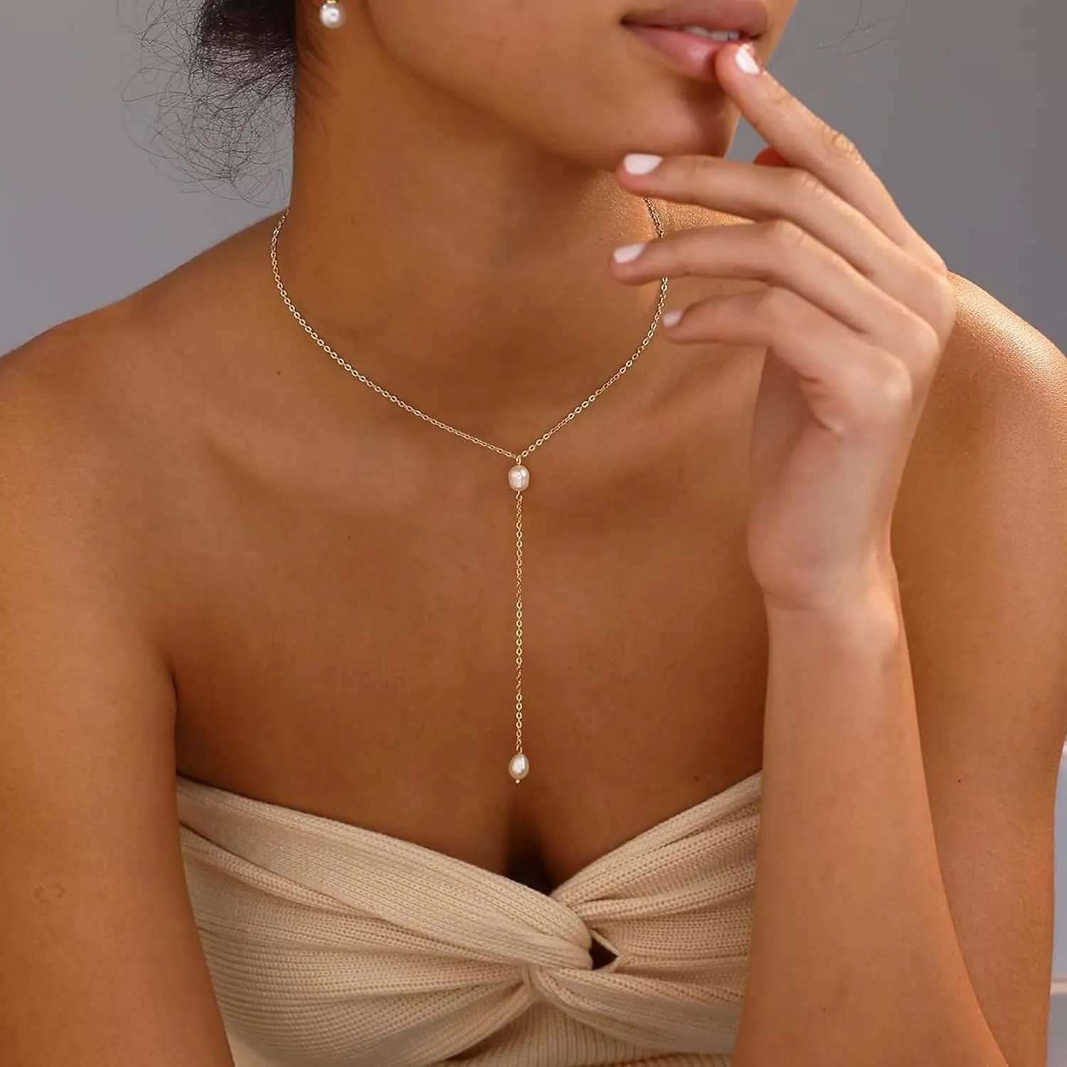 14K Gold or White Gold Plated Pearl Necklace for Women - Dainty Y-Necklace Choker 16.5 Inch