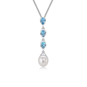 9K White Gold Pearl & Swiss Blue Topaz Triple Drop Pendant