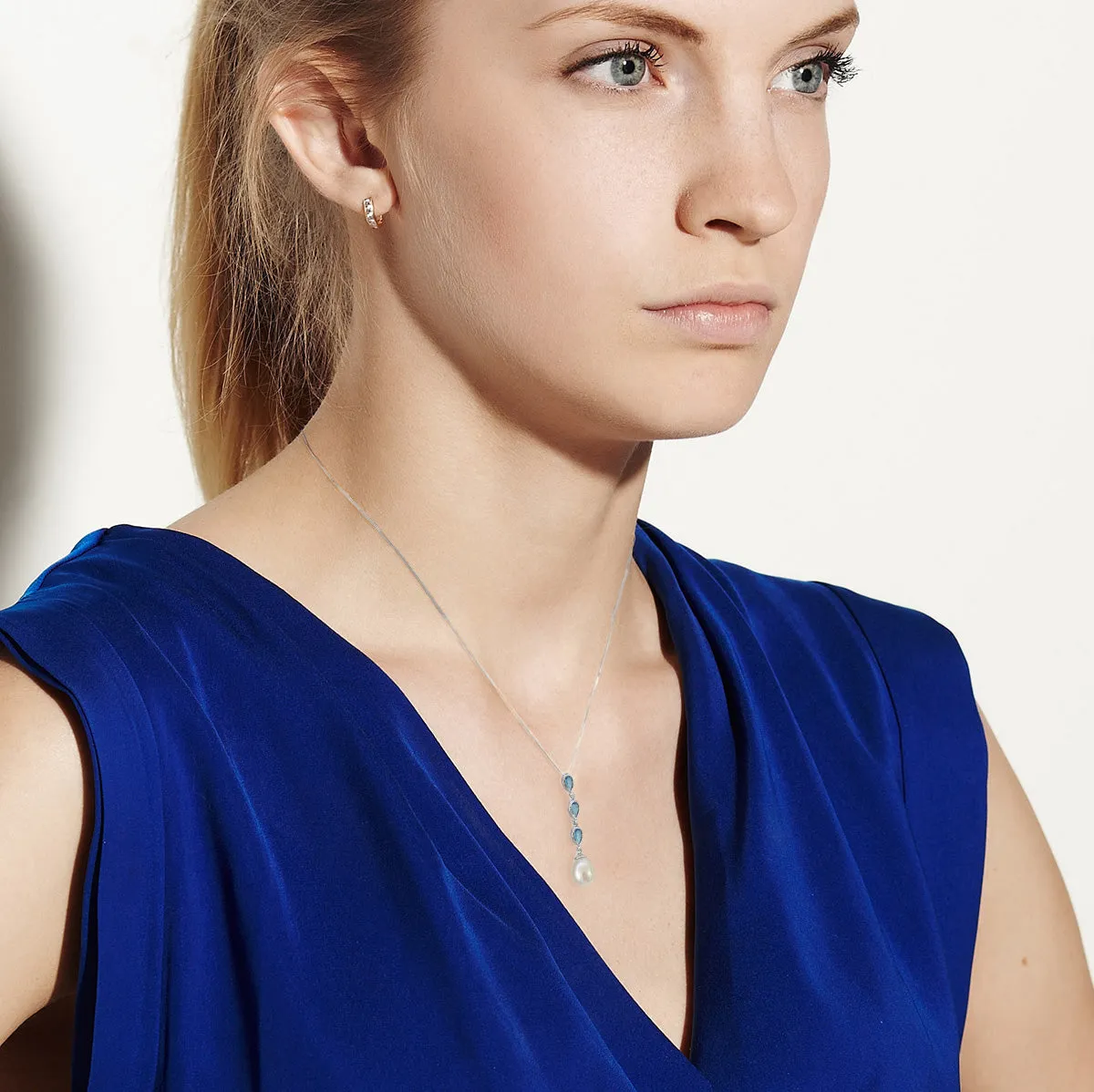 9K White Gold Pearl & Swiss Blue Topaz Triple Drop Pendant