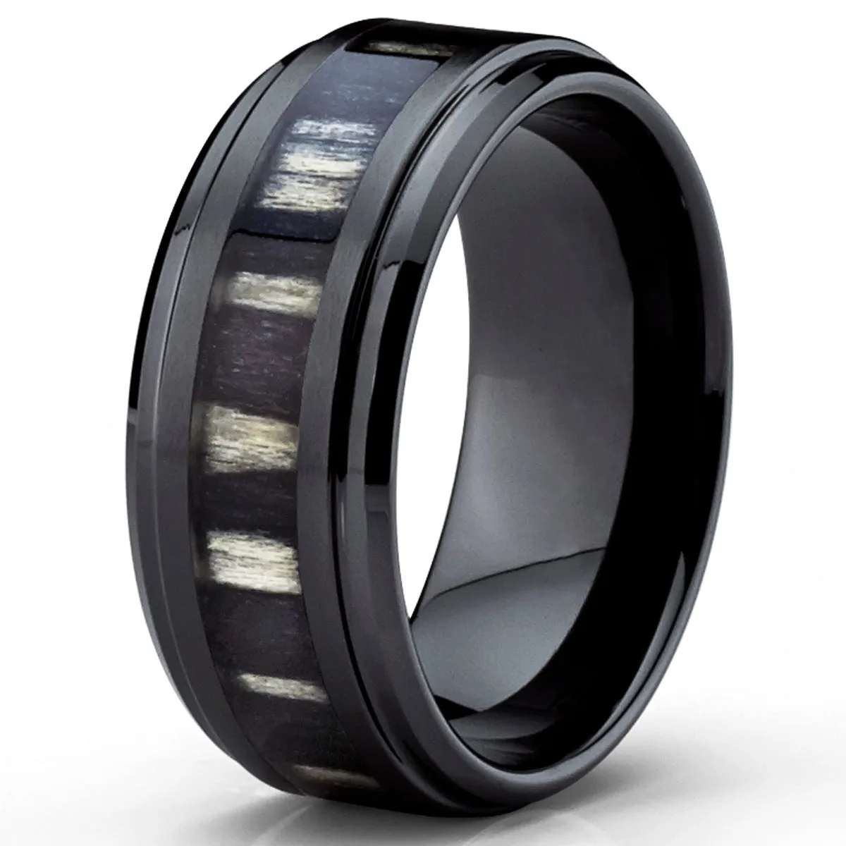 9MM Black Ceramic Wedding Band Ring with Real Zebra Wood Inlay, Comfort Fit