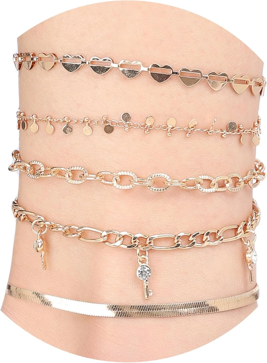 Anklets For Women 5 PCS Gold Plated Layered Ankle Chains Bracelets Set Heart Herringbone Figaro Plus Size Adjustable Anklet Bracelet Jewelry For Hand Foot, Beach