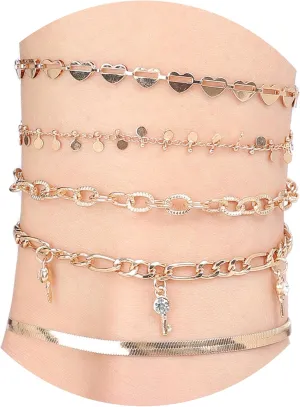 Anklets For Women 5 PCS Gold Plated Layered Ankle Chains Bracelets Set Heart Herringbone Figaro Plus Size Adjustable Anklet Bracelet Jewelry For Hand Foot, Beach