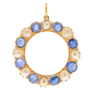 Antique 18ct Gold Sapphire Pearl Roundel Pendant, 3.00ct