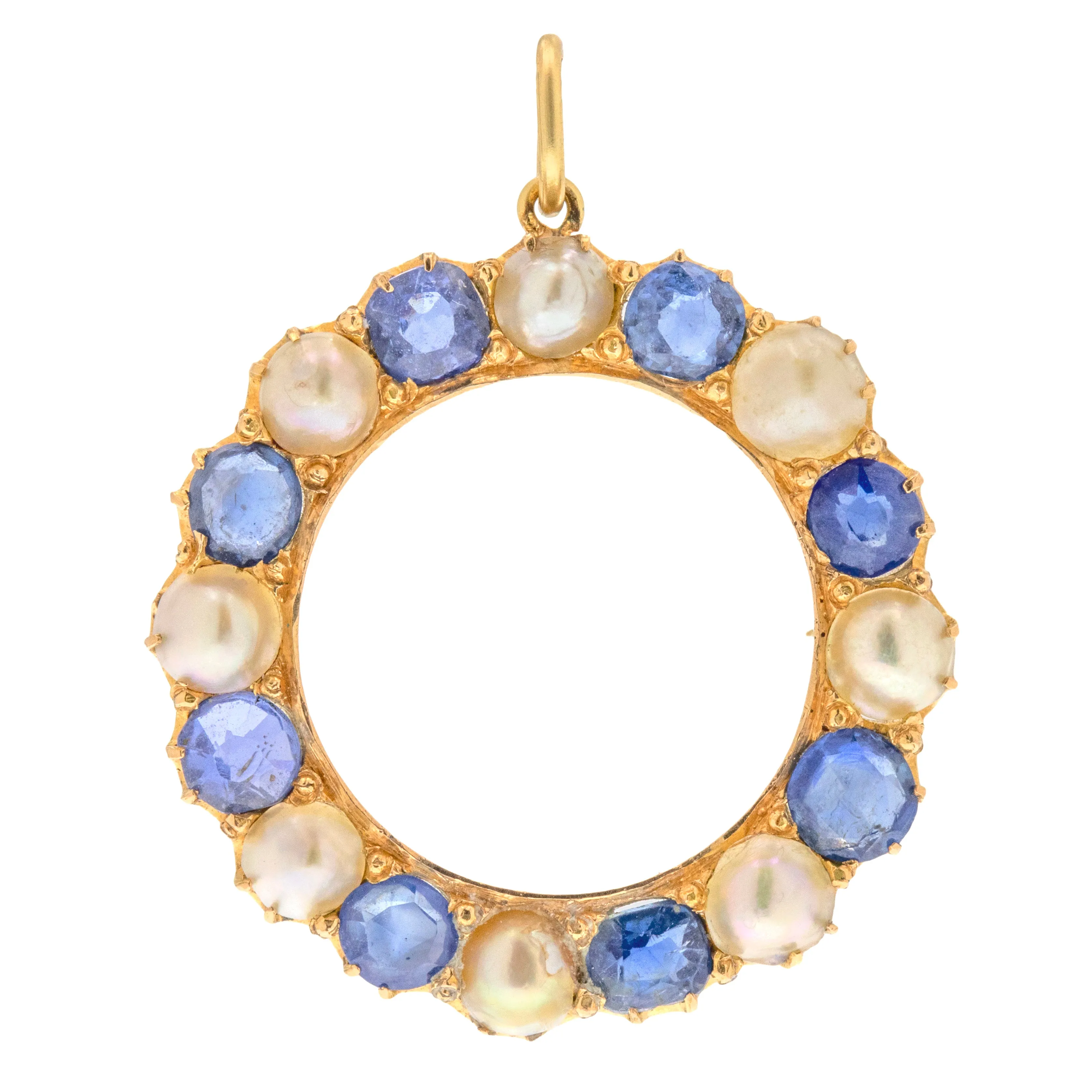 Antique 18ct Gold Sapphire Pearl Roundel Pendant, 3.00ct