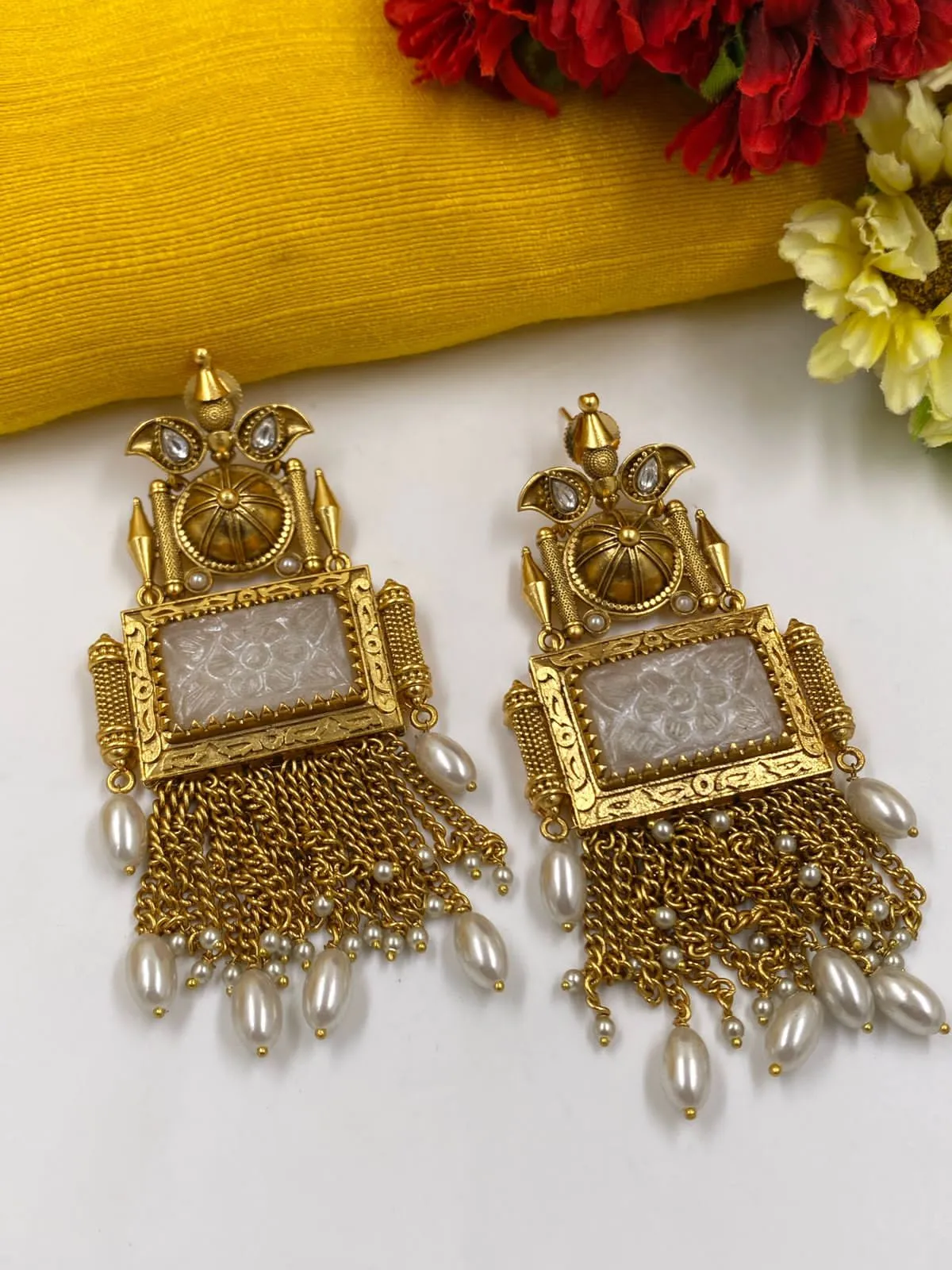 Antique Gold Plated Designer Statement Stone Earrings For Ladies By Gehna Shop