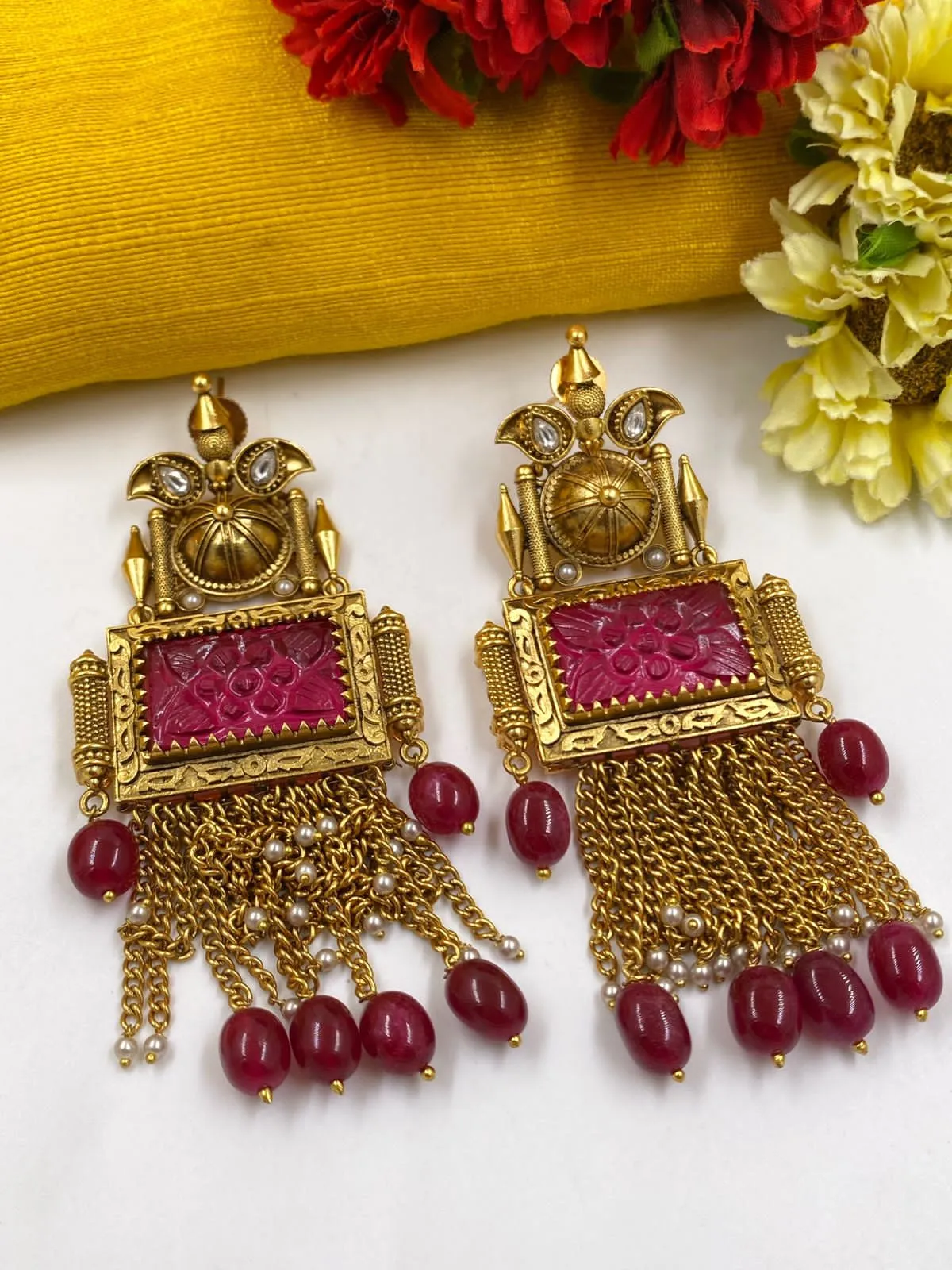 Antique Gold Plated Designer Statement Stone Earrings For Ladies By Gehna Shop