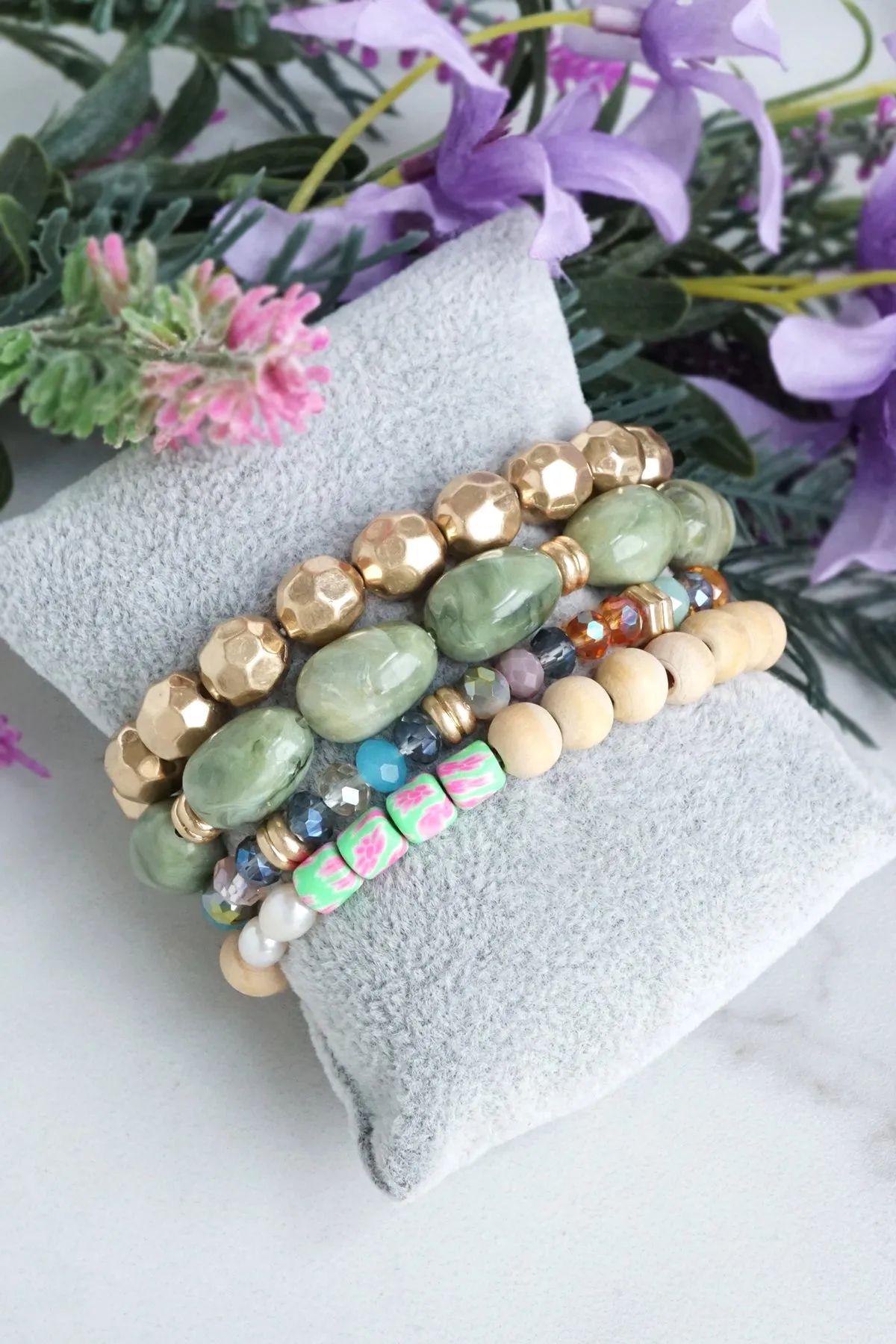 Bracelet Stack of 4 pieces Green Acrylic Glass Wood Clay and Golden beads