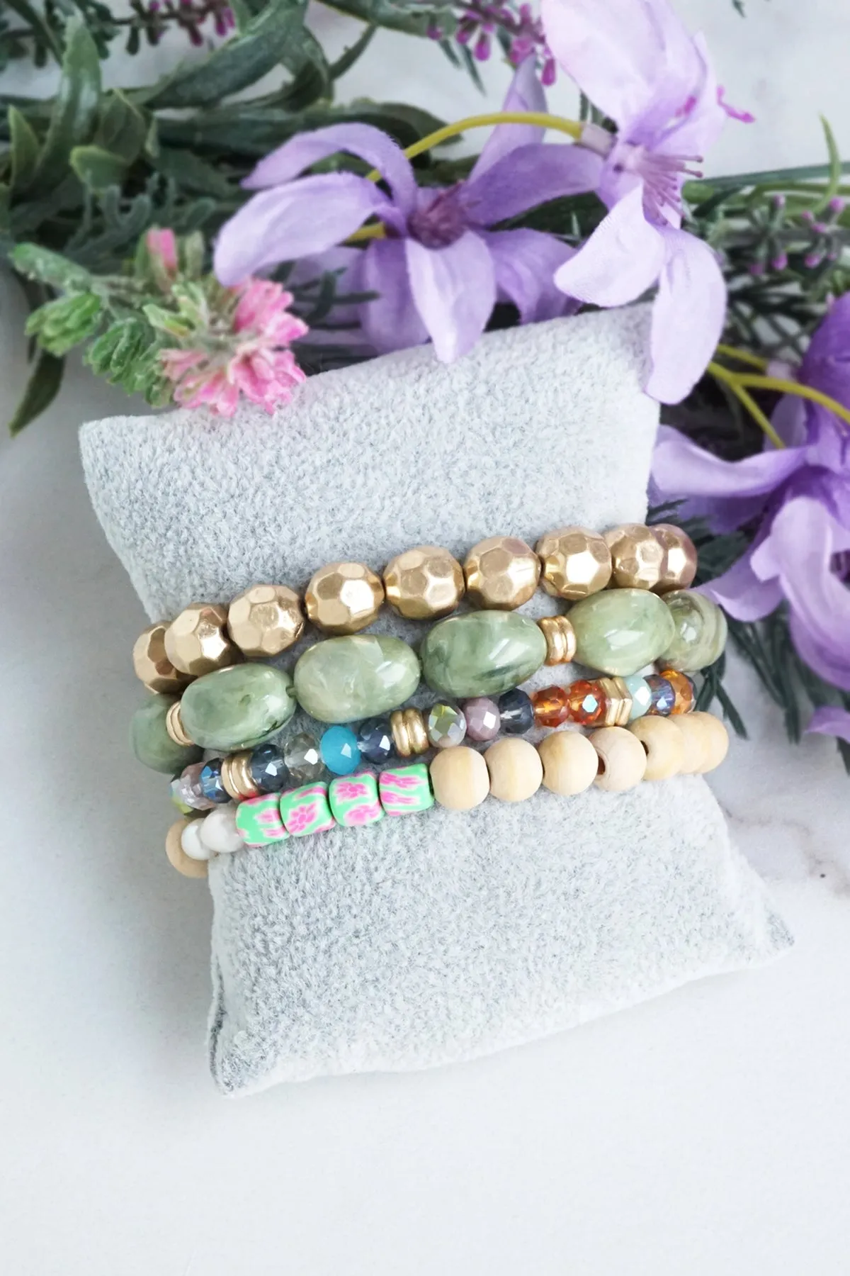 Bracelet Stack of 4 pieces Green Acrylic Glass Wood Clay and Golden beads