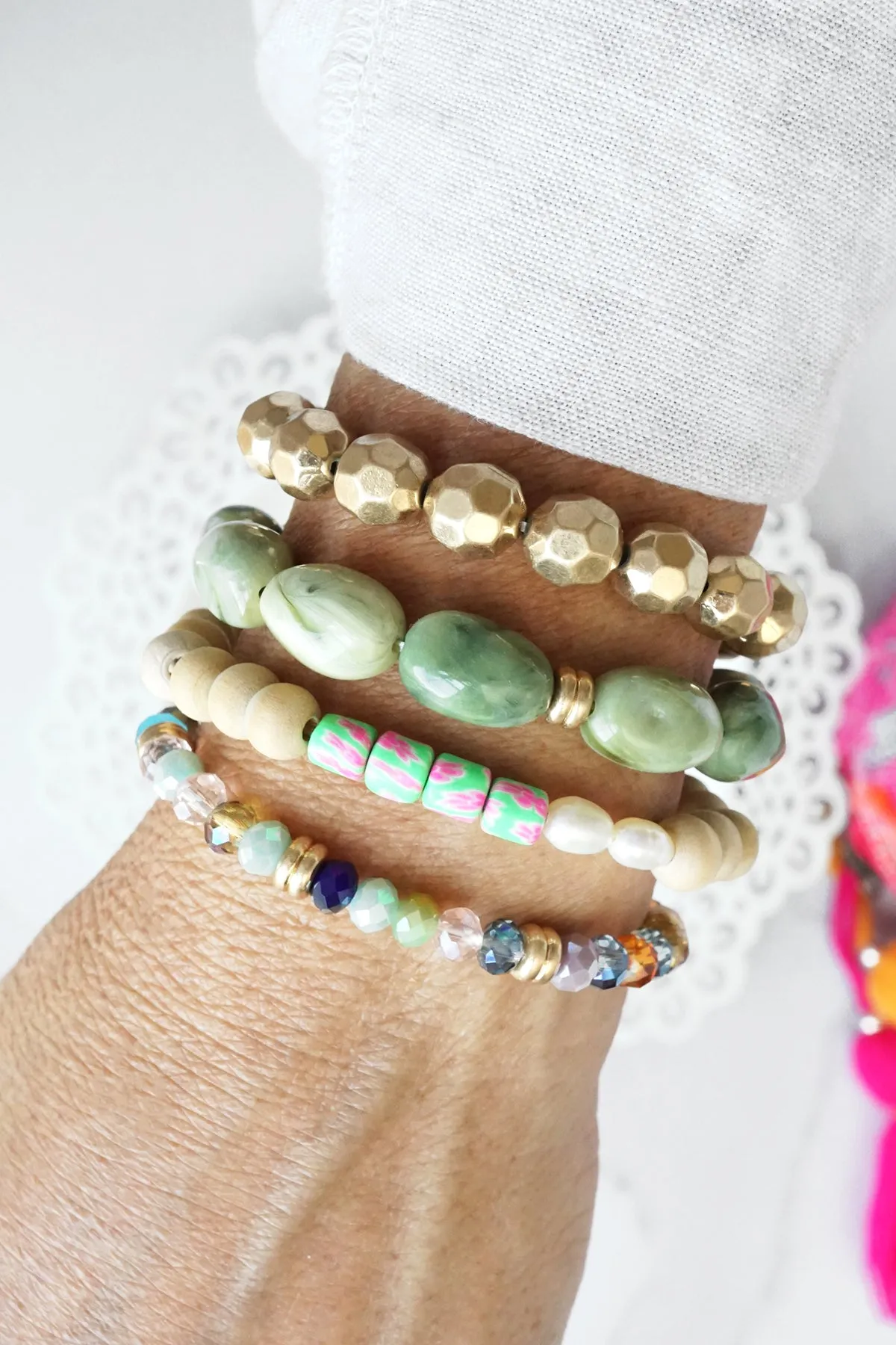 Bracelet Stack of 4 pieces Green Acrylic Glass Wood Clay and Golden beads