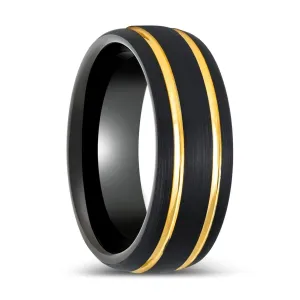 CALLISTO | Black Tungsten Ring Two Yellow Grooves