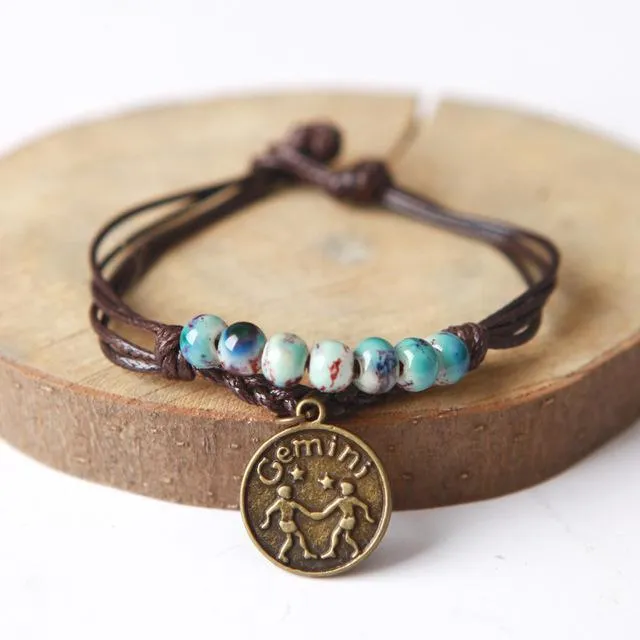 Ceramic Beads &amp Wax Rope Zodiac Bracelet