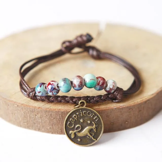 Ceramic Beads &amp Wax Rope Zodiac Bracelet