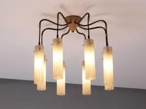 Chandelier in Brass and Glass Tubular Shades