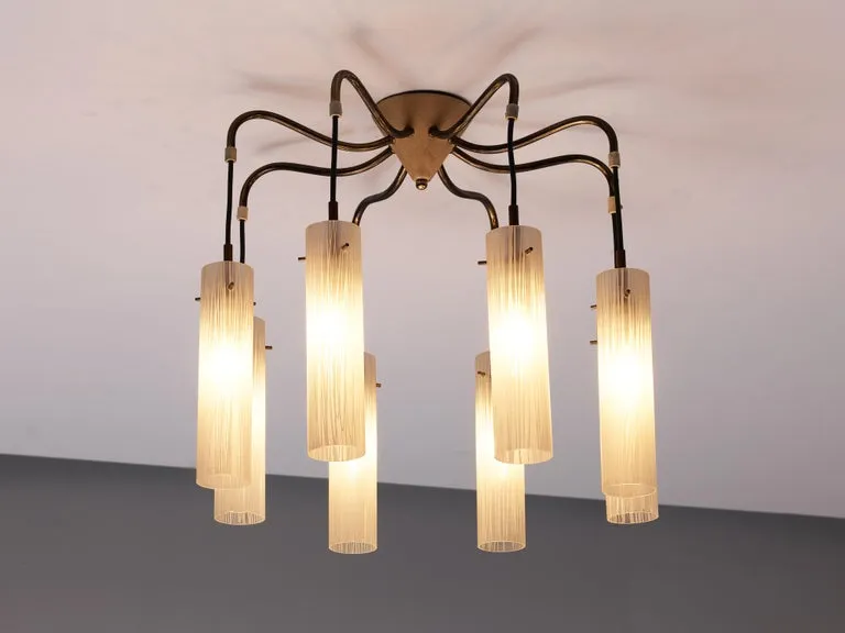 Chandelier in Brass and Glass Tubular Shades