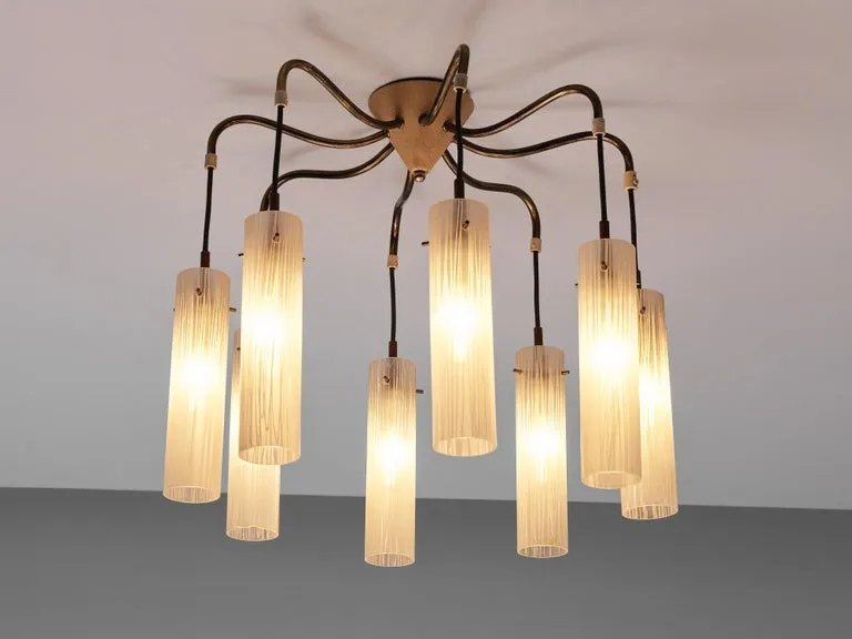 Chandelier in Brass and Glass Tubular Shades