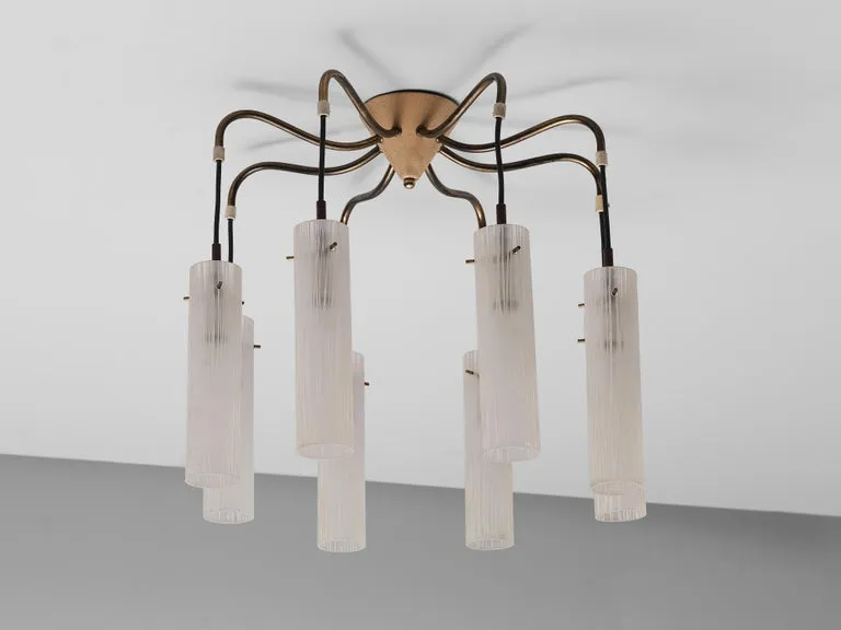 Chandelier in Brass and Glass Tubular Shades