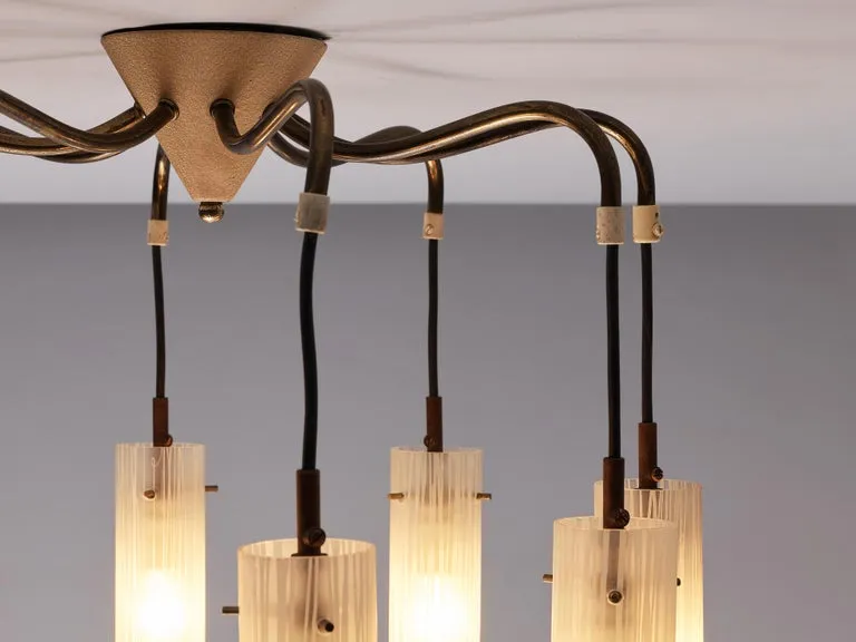 Chandelier in Brass and Glass Tubular Shades