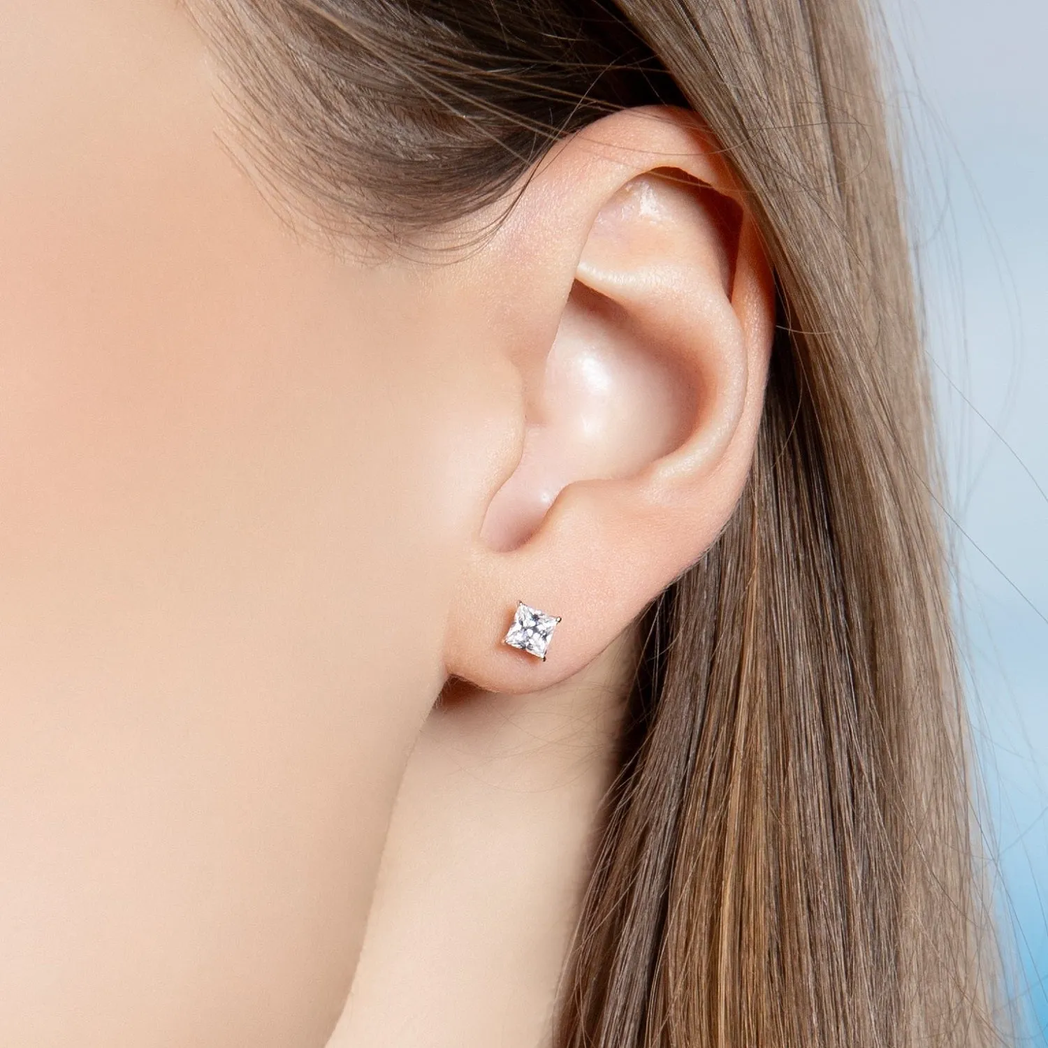 Classic Silver Rhodium Plated 4x4mm Princess Cut CZ Stud Earrings