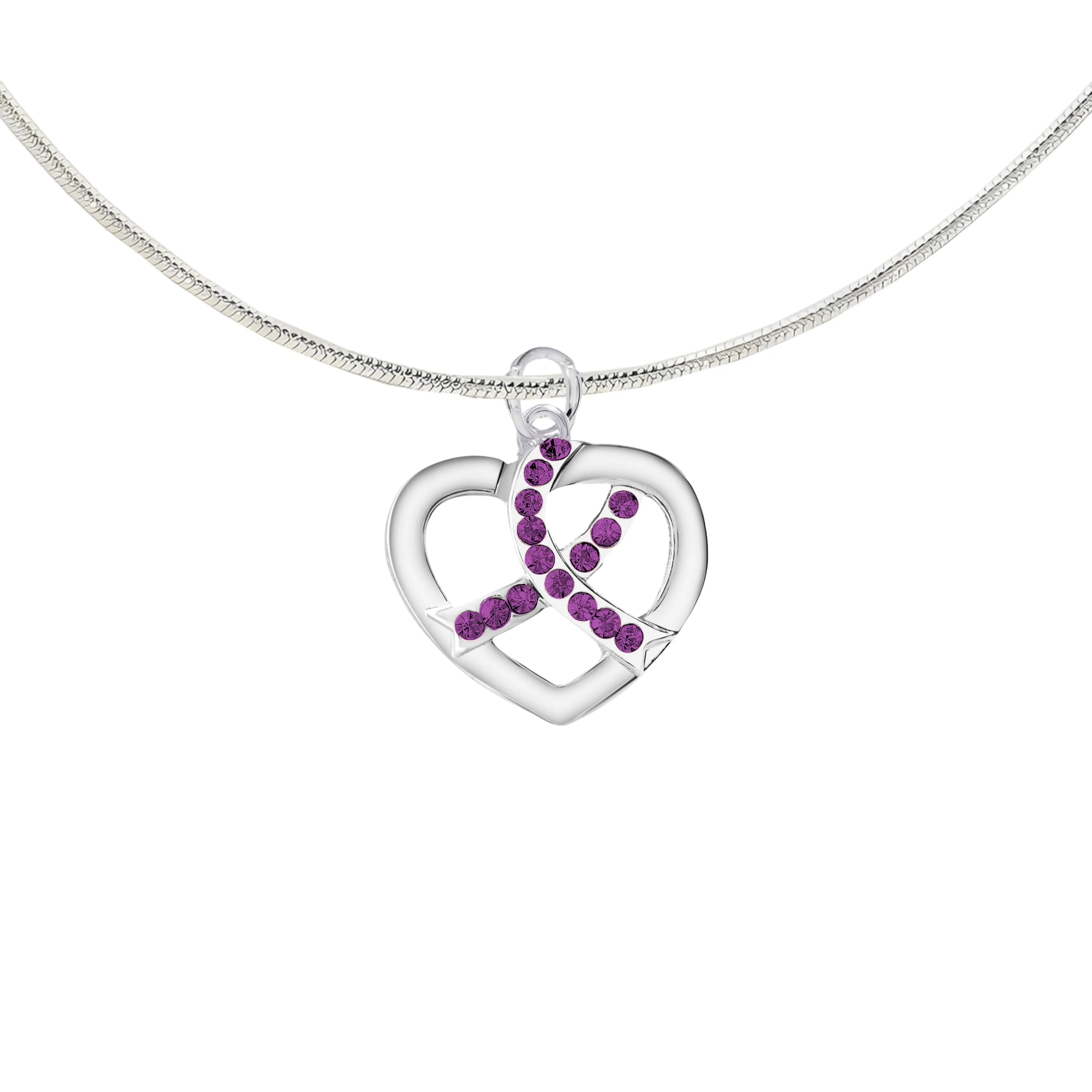 Crystal Purple Ribbon Silver Heart Necklaces