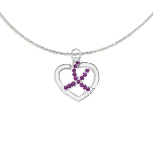 Crystal Purple Ribbon Silver Heart Necklaces