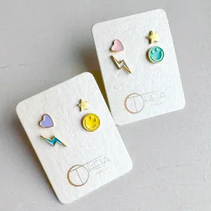 Cute Emoticon Stud Singles Earrings - Set of 4