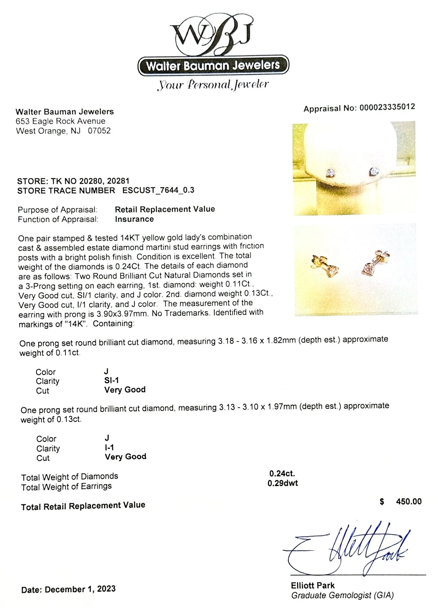 Estate 14K Y Gold 0.24ctw J/SI1-I1 Diamond Stud Earrings