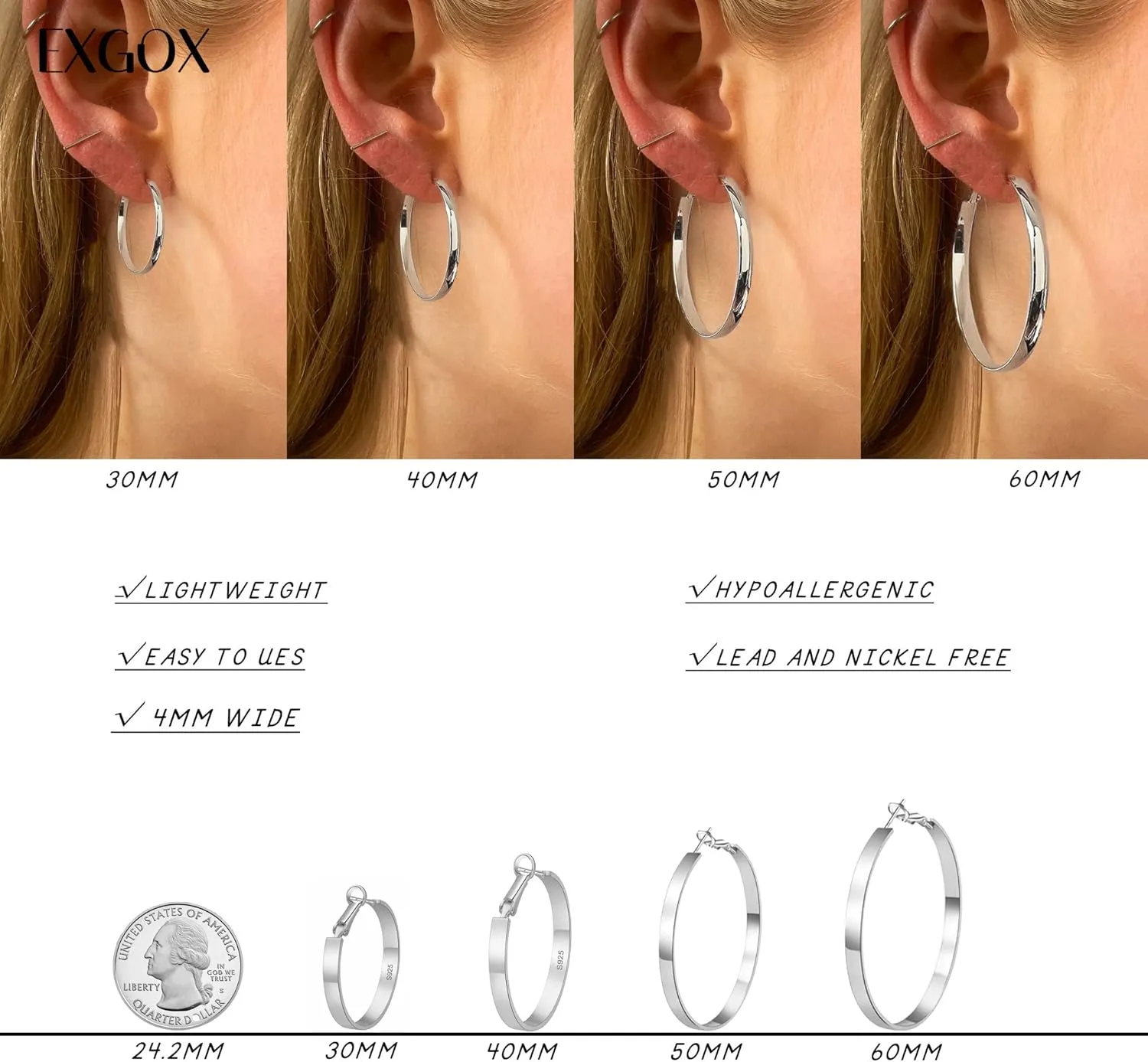 EXGOX Silver Hoop Earrings for Women - Sterling Silver & 14K Gold Plated - Hypoallergenic 925 Silver - Big Hoop Earrings (30/40/50/60/70mm)