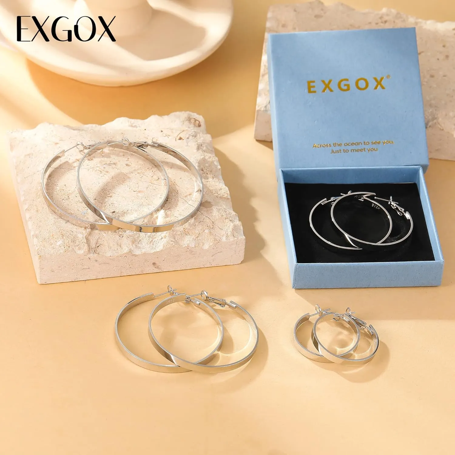 EXGOX Silver Hoop Earrings for Women - Sterling Silver & 14K Gold Plated - Hypoallergenic 925 Silver - Big Hoop Earrings (30/40/50/60/70mm)