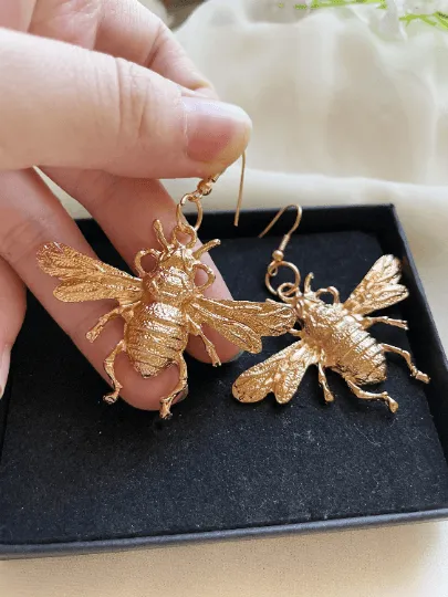 Fauna - Golden honey bee earrings| open hoop geometric earrings | bee pearl insect statement earrings | dangle hoop earrings