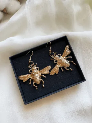 Fauna - Golden honey bee earrings| open hoop geometric earrings | bee pearl insect statement earrings | dangle hoop earrings