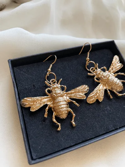 Fauna - Golden honey bee earrings| open hoop geometric earrings | bee pearl insect statement earrings | dangle hoop earrings