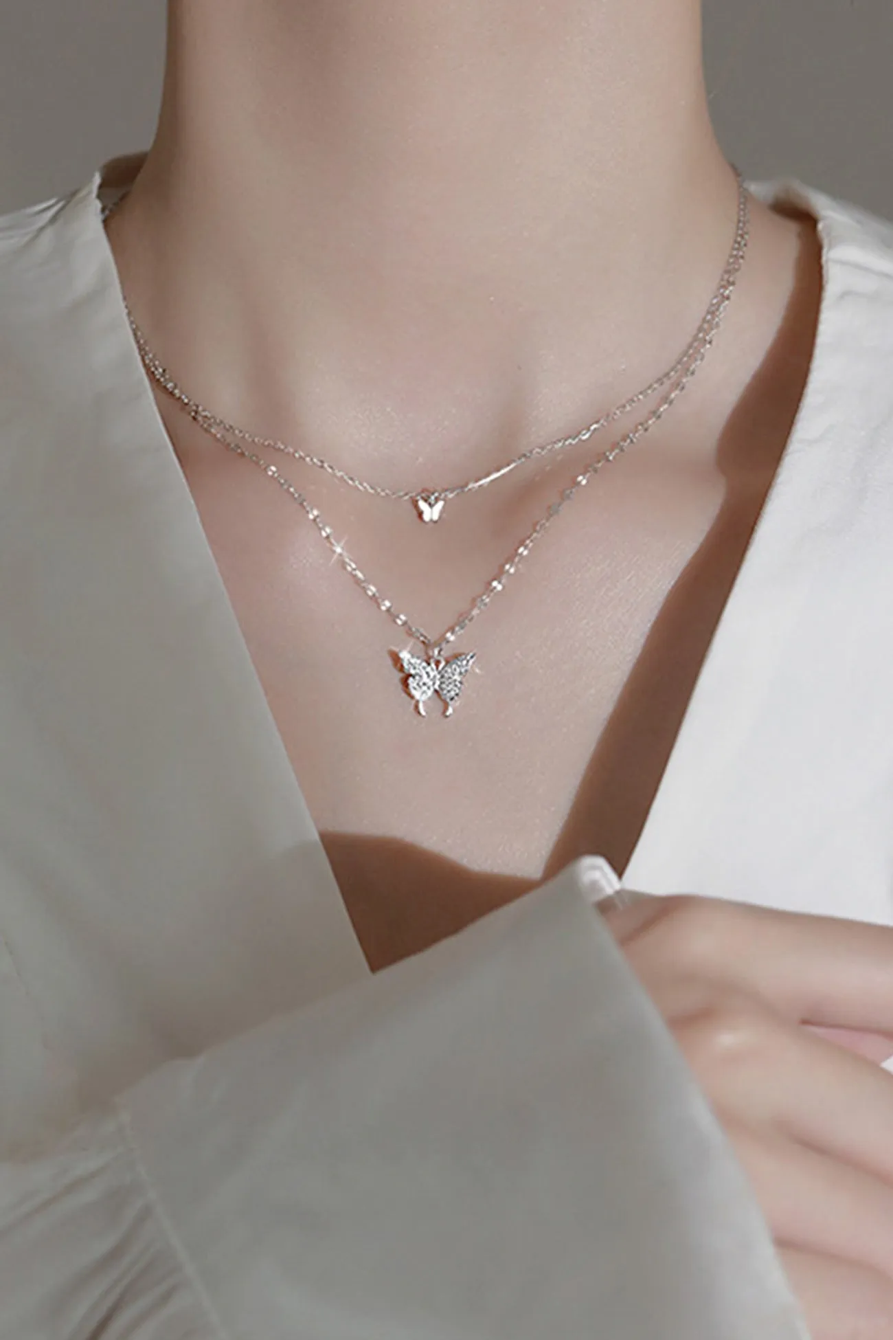 Flytonn-Valentine's Day gift Pure Silver Double Layer Butterfly Necklace