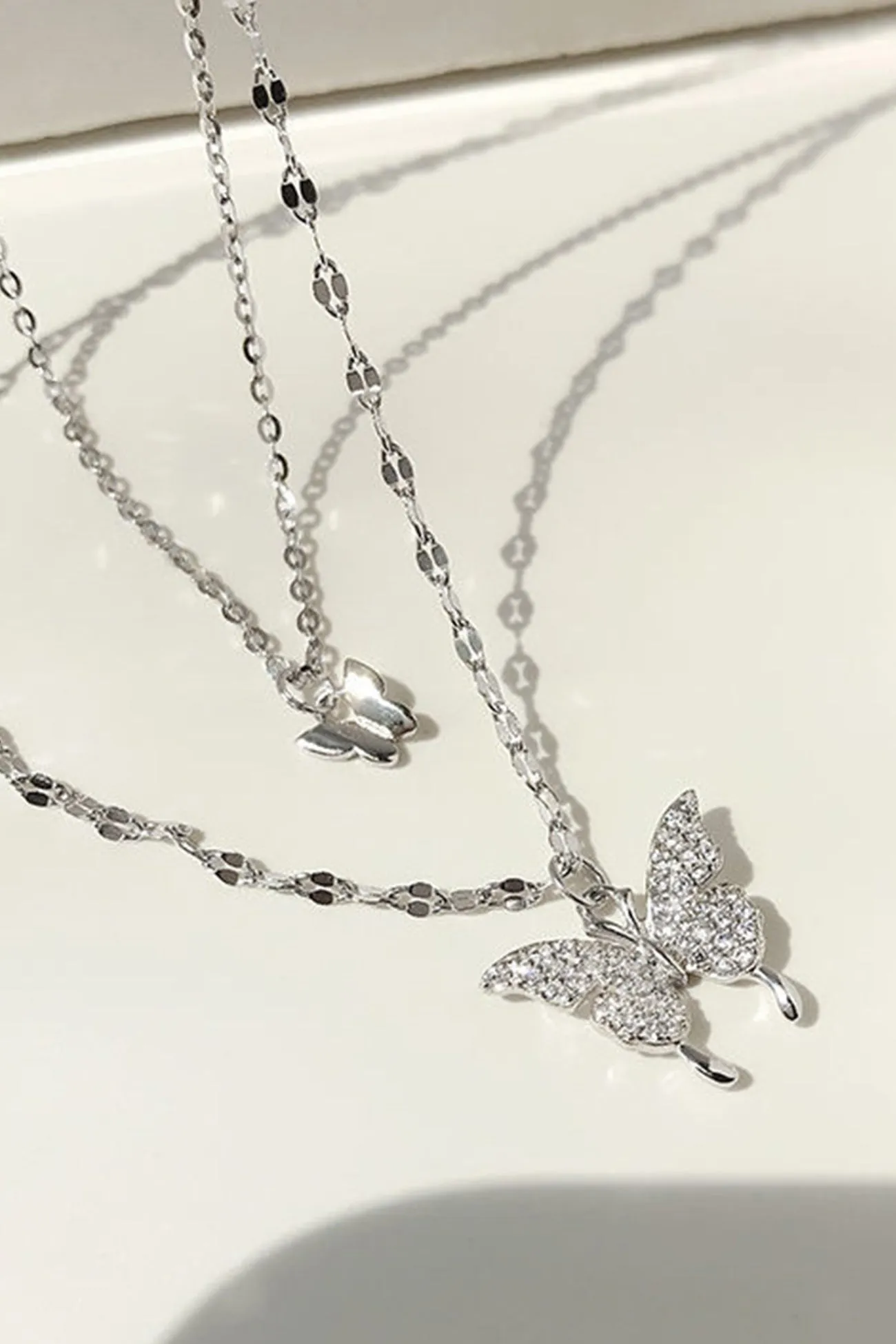 Flytonn-Valentine's Day gift Pure Silver Double Layer Butterfly Necklace