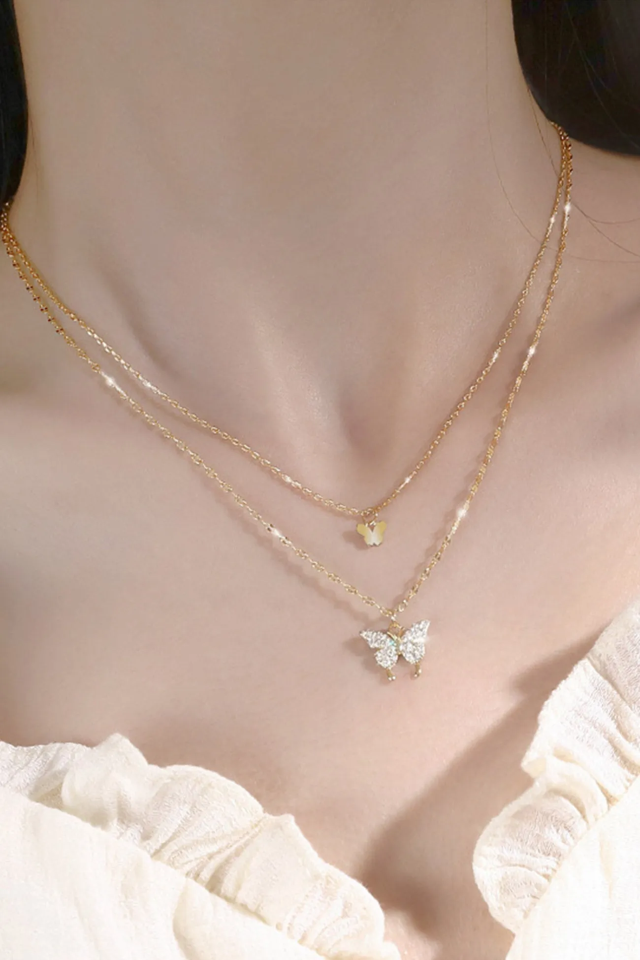 Flytonn-Valentine's Day gift Pure Silver Double Layer Butterfly Necklace