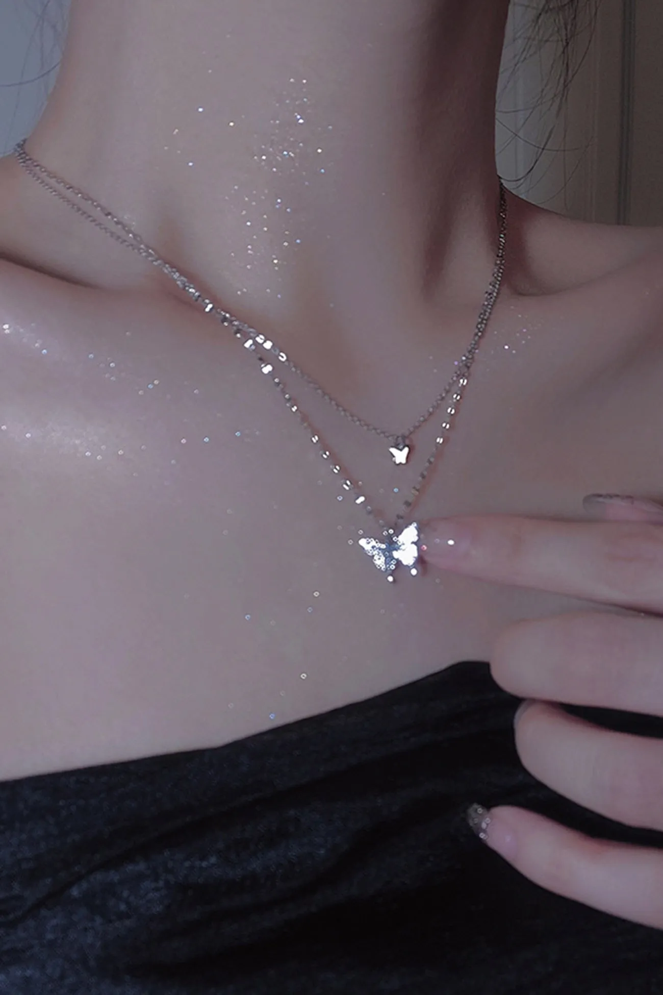 Flytonn-Valentine's Day gift Pure Silver Double Layer Butterfly Necklace