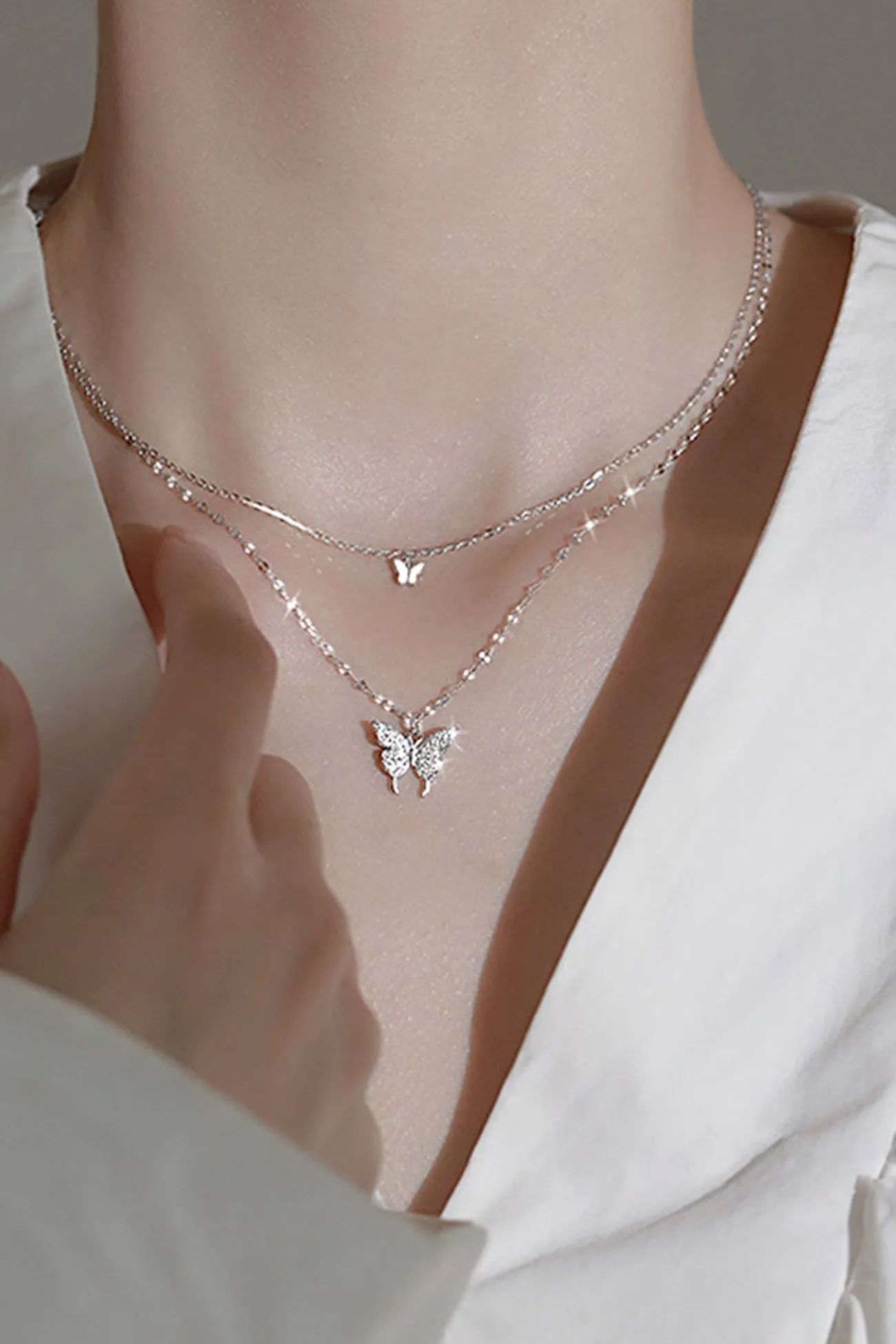 Flytonn-Valentine's Day gift Pure Silver Double Layer Butterfly Necklace