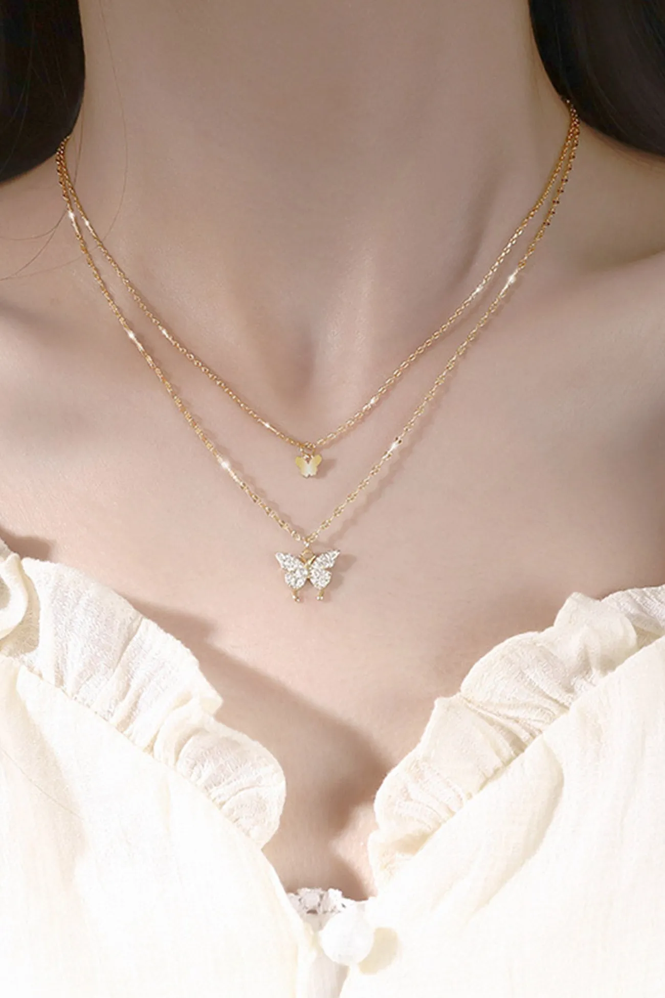 Flytonn-Valentine's Day gift Pure Silver Double Layer Butterfly Necklace