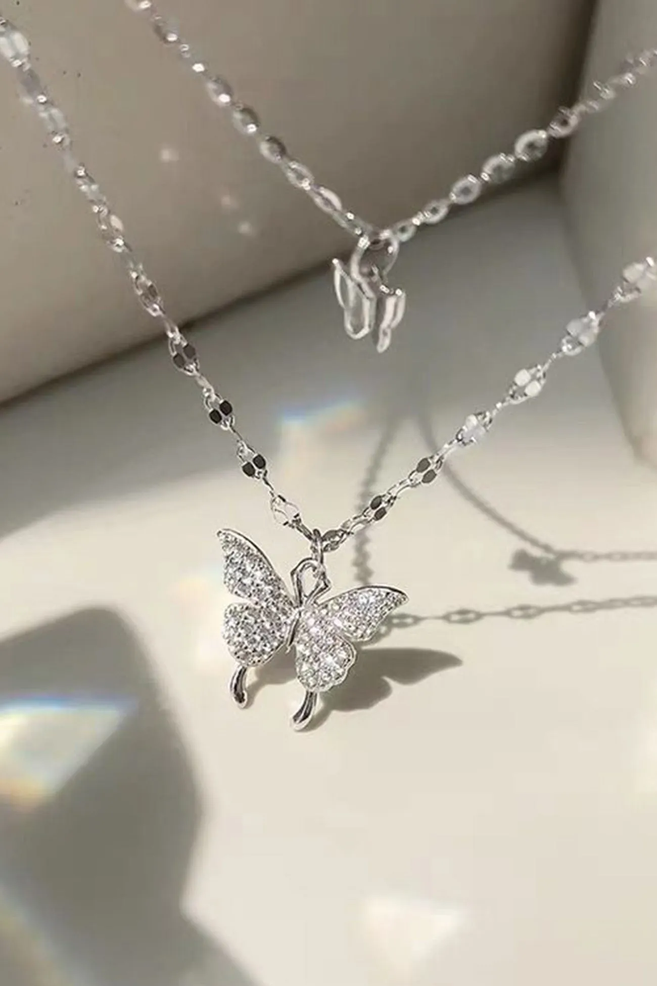 Flytonn-Valentine's Day gift Pure Silver Double Layer Butterfly Necklace