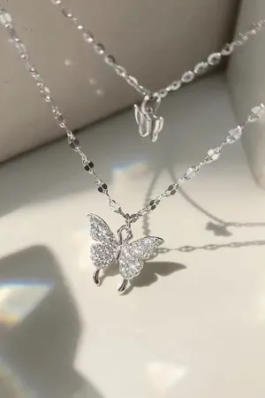 Flytonn-Valentine's Day gift Pure Silver Double Layer Butterfly Necklace