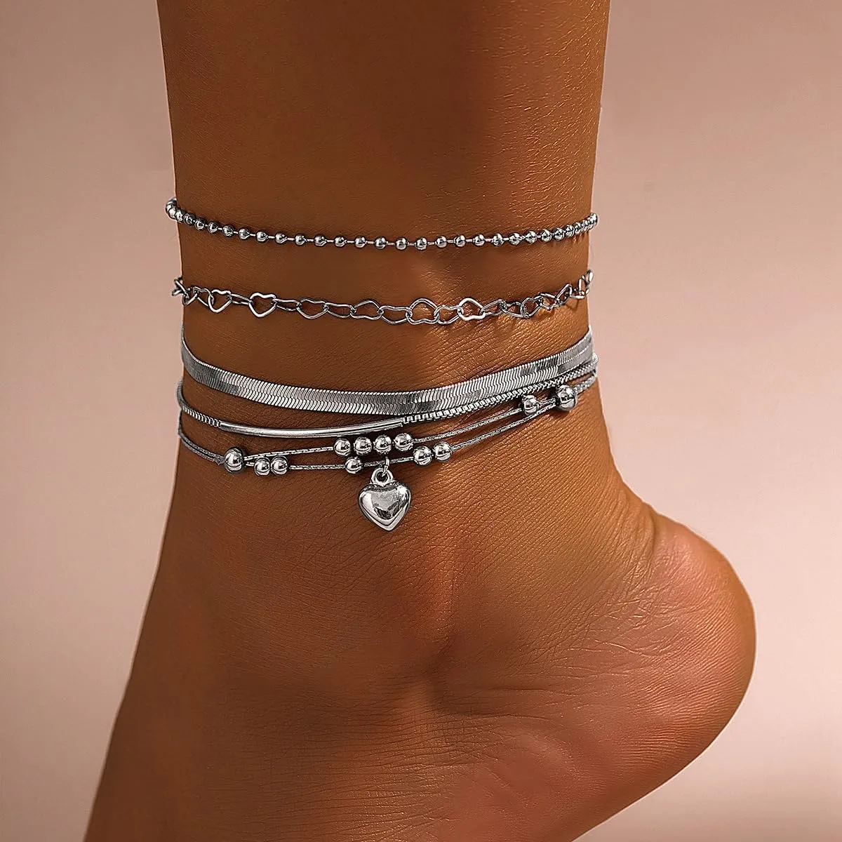 GIGB PBDK 14K Gold Multi Layer Chain Anklets, Paper Clip Chain Cuban Chain Love Chain Anklet Set, Beach Vacation Charm Jewelry Gifts for Women