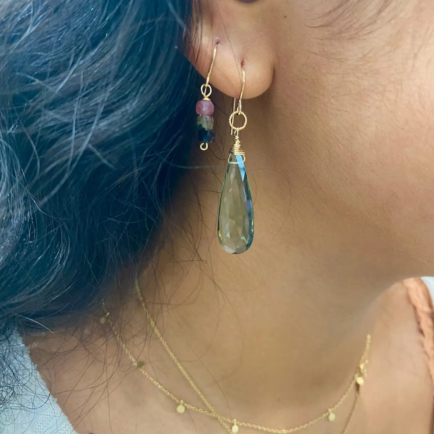 Gold Filled 3 Watermelon Tourmaline Cube Stack Drop Earring