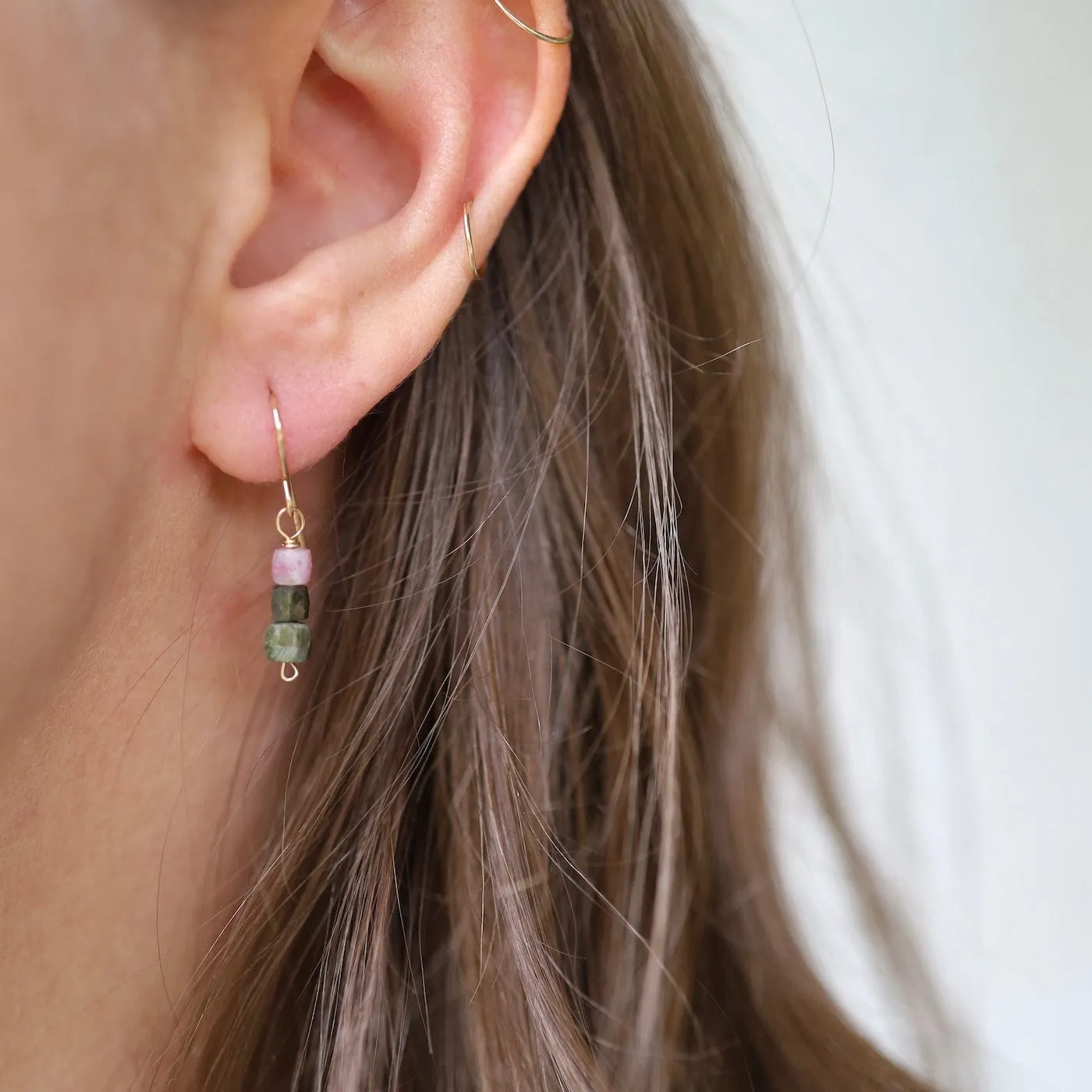 Gold Filled 3 Watermelon Tourmaline Cube Stack Drop Earring