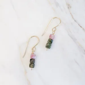 Gold Filled 3 Watermelon Tourmaline Cube Stack Drop Earring