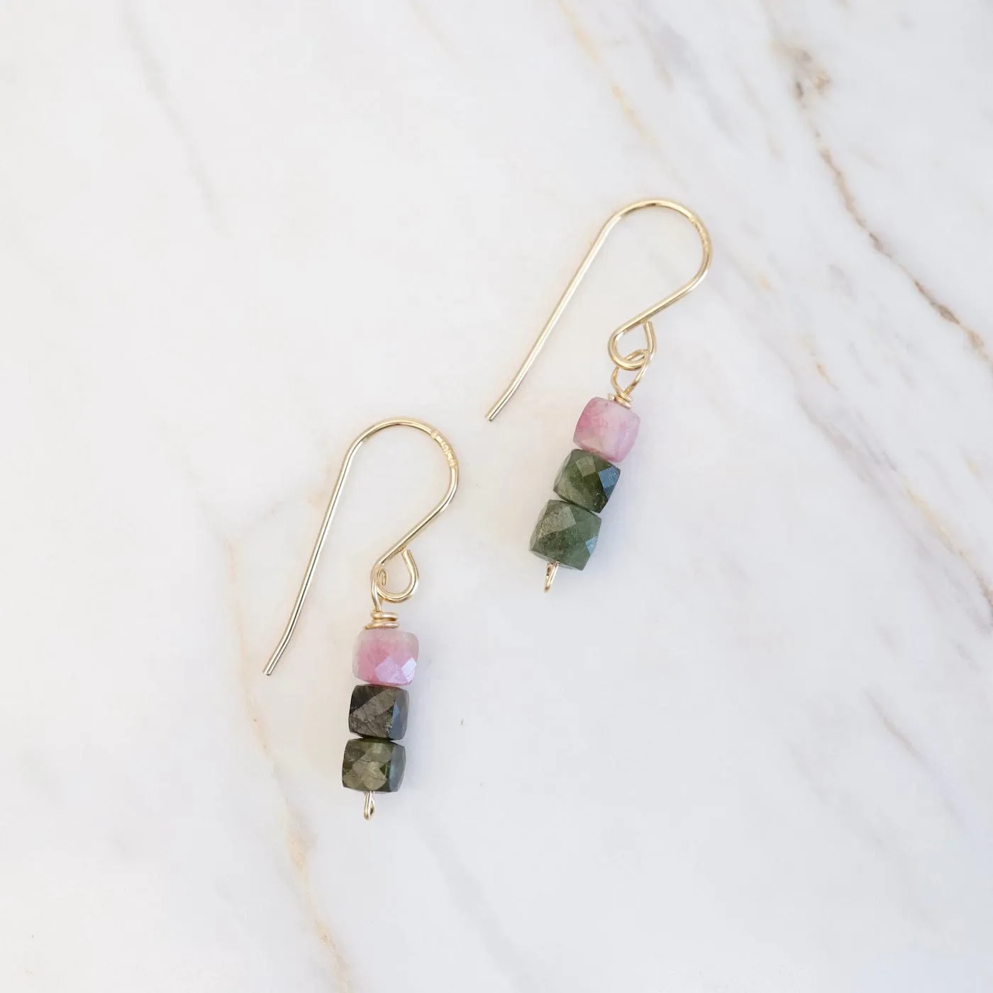 Gold Filled 3 Watermelon Tourmaline Cube Stack Drop Earring