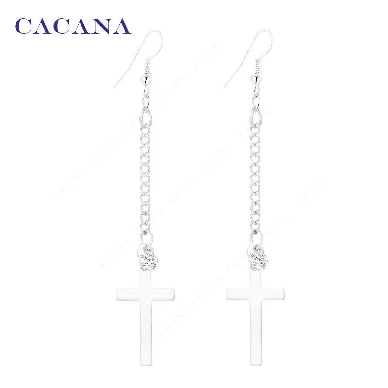 Gold plated dangle long earrings for women top quality cross with a CZ diamond