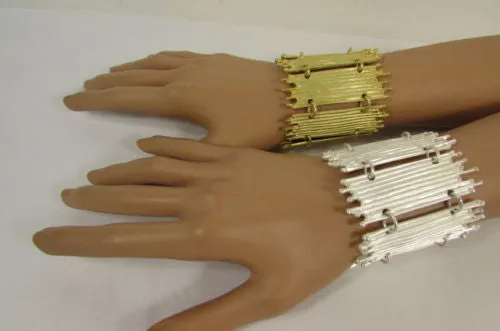 Gold Silver Metal Wide Elastic Stretch Bracelet Bamboo Plates