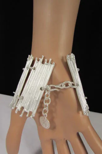 Gold Silver Metal Wide Elastic Stretch Bracelet Bamboo Plates