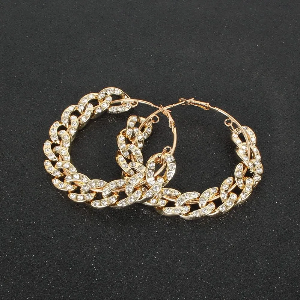 Gold Tone Iced Out Rhinestone Punk Large Circle Round Chunky Cuban Chain Hoop Earrings Geometric Big Loop Earrings Hip Hop Exaggerated Statement Jewelry