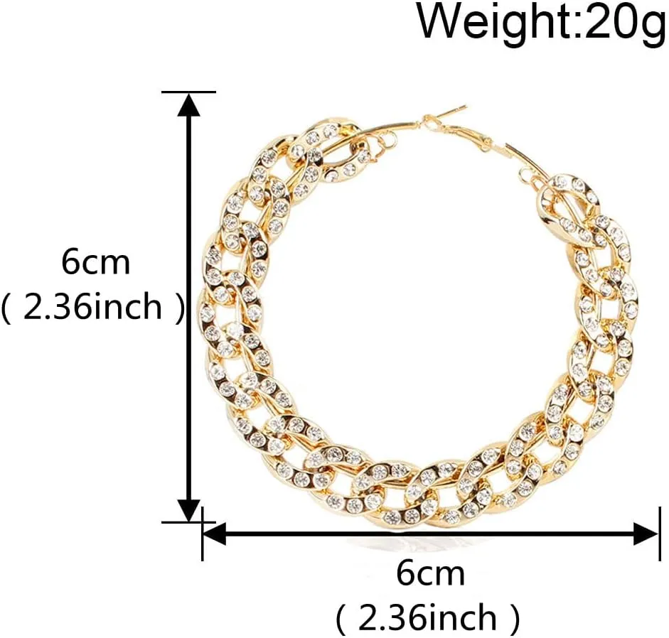 Gold Tone Iced Out Rhinestone Punk Large Circle Round Chunky Cuban Chain Hoop Earrings Geometric Big Loop Earrings Hip Hop Exaggerated Statement Jewelry